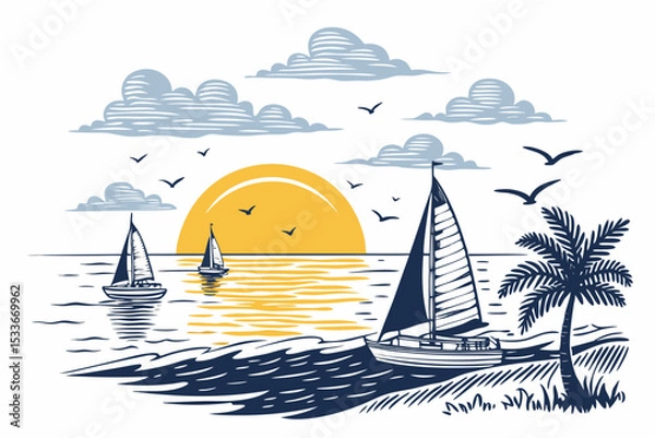 Fototapeta Create a bold, vector illustration of a dramatic ocean horizon at sunset, featuring stylized waves with a strong, clean line art style.