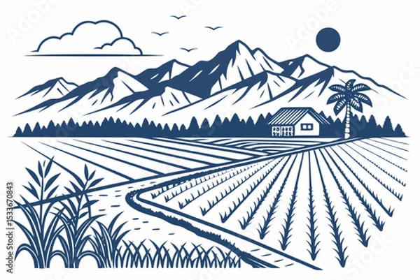 Fototapeta Create a bold vector illustration of a rural rice paddy field landscape, showcasing lush green rice plants and distinct field lines.