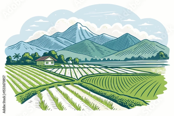 Fototapeta Create a bold vector illustration of a rural rice paddy landscape featuring distinct rice plants and water channels.  Emphasize strong lines and impactful color.