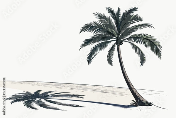 Fototapeta Create a bold, vector illustration of a single palm tree silhouette, emphasizing strong, thick outlines.  Include a cast shadow.