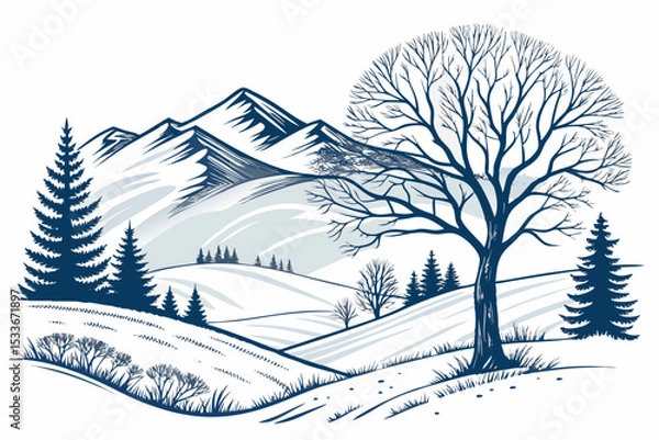 Fototapeta Create a bold vector illustration of a stark tundra landscape featuring minimalist forms, emphasizing strong lines and shapes.  Include a single, prominent element (1).