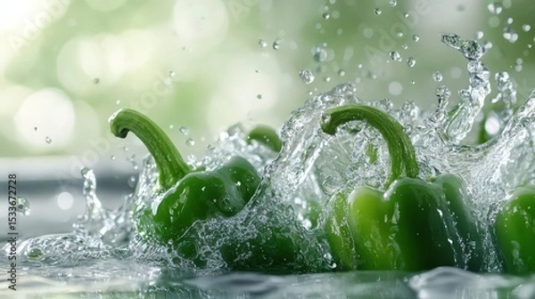 Obraz Fresh Green Bell Peppers Splashing in Water