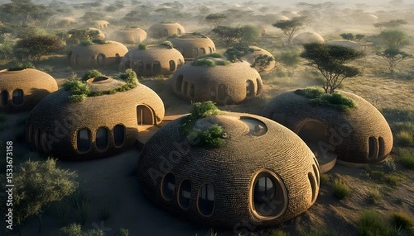 Fototapeta Group of unique, round, earth-toned structures nestled in a desert landscape.