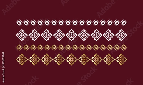 Fototapeta A luxurious set of ornamental floral border patterns featuring intricate gold and white motifs on a deep maroon background. 