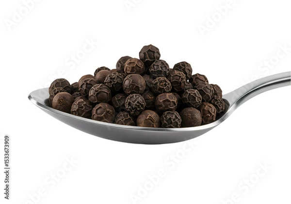 Obraz Black Peppercorns: Close-Up of Spice on Spoon on white background