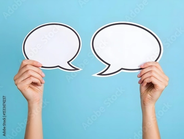 Fototapeta Hands Holding Up Two Blank White Speech Bubbles Promoting Communication and Conversation on a Light Blue Background Studio Shot for Social Media Content