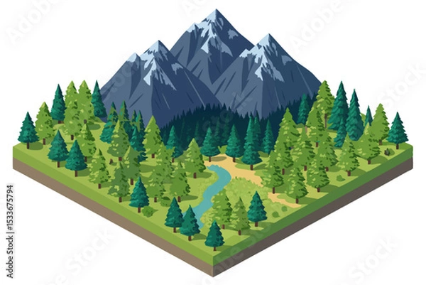 Fototapeta Create a detailed isometric illustration of majestic mountains, featuring lush pine forests clinging to steep slopes, showcasing deep contours and dramatic shadows.