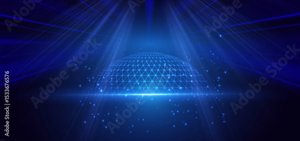 Obraz Scence futuristic glowing blue neon light ray with global decor on dark blue background.