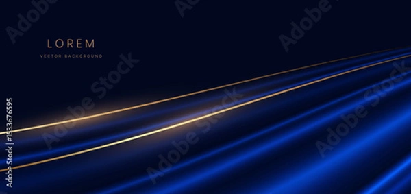 Obraz Abstract elegant blue curve and gold line with lighting effect sparkle on blue background. Template premium award design.