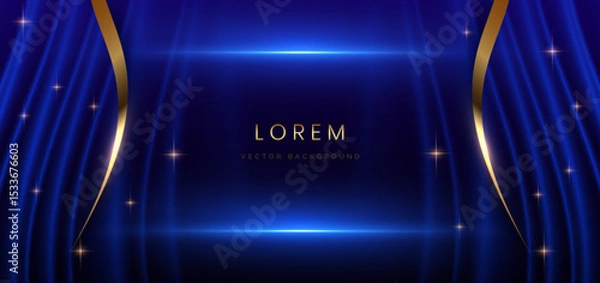 Obraz Blue curtain background. Golden confetti banner and ribbon background. Celebration grand openning party happy concept.