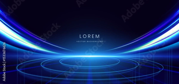 Obraz Futuristic scene glowing blue rays with blue neon lights circles on dark blue background.