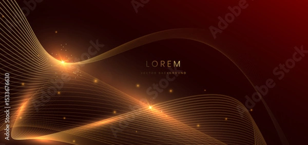 Obraz Gold wave lines on dark red background with lighting effect sparkle. Luxury template celebration award design.