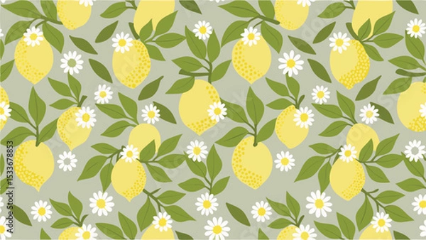 Fototapeta Seamless pattern featuring lemons with green leaves and daisies on a light green background design element