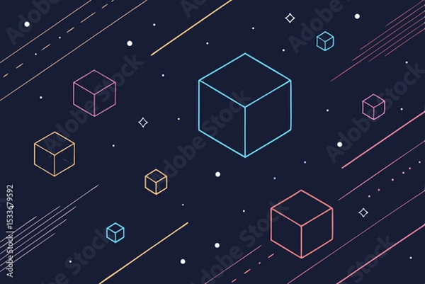 Fototapeta Generate a dark, minimalist image featuring several abstract, floating cubes and intersecting lines, rendered in a clean, geometric style.  Emphasis on negative space.