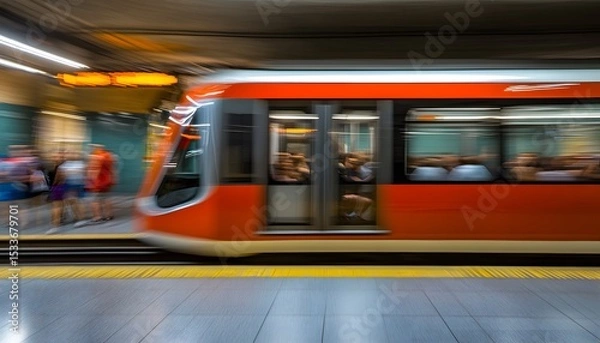 Fototapeta Subway train in motion, commuters waiting.