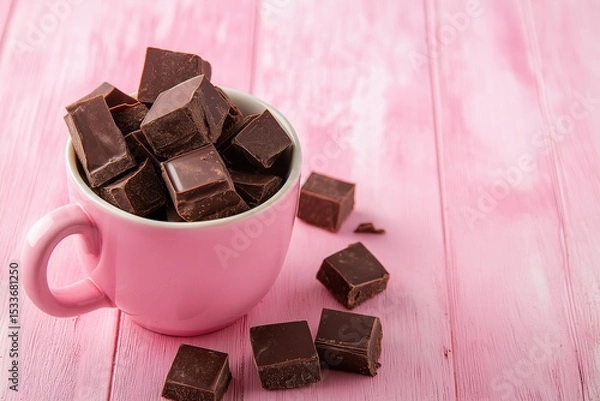 Fototapeta Close-up of Chocolate Fudge Cubes in Pink Mug on Rustic Pink Wooden Table with Copy Space.