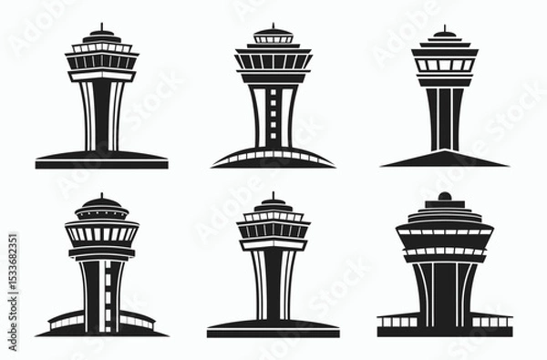Fototapeta Control tower silhouette, airport tower vector, Control tower set