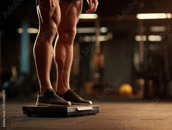 Obraz Muscular Man Stepping on Digital Scales in a Fitness Gym Setting (피트니스 헬스장에서 디지털 체중계에 올라서는 근육질의 남자)