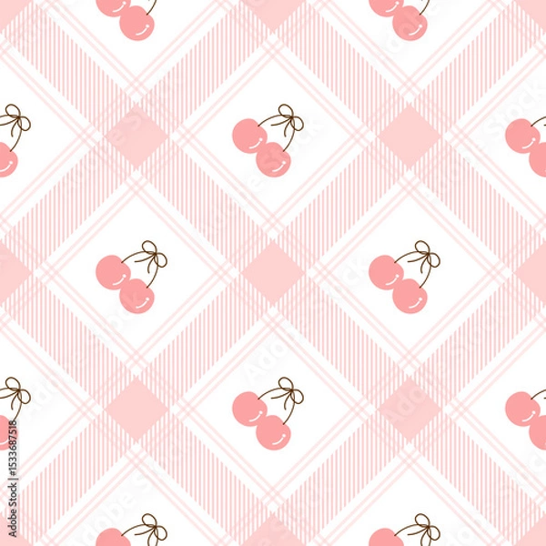 Obraz cherry on Fabric pattern, pink checkered pattern background, gift wrapping paper , seamless pattern 