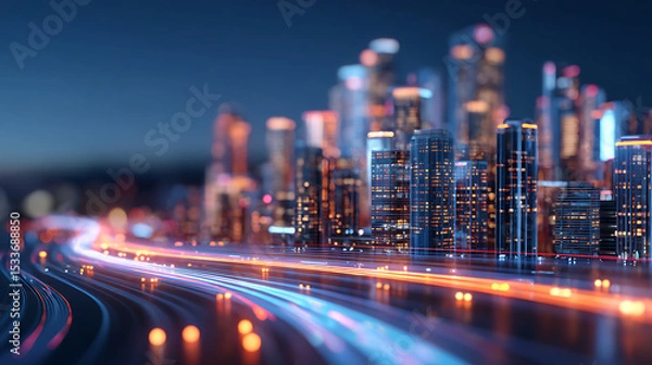 Fototapeta 3D Rendering of light path trail running through digital sci-fi hologram buildings in city. For next generation technology fin tech big data machine learning business product background 12042604 1