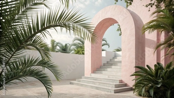 Fototapeta Tropical palm trees line a sunny park path, inviting a relaxing summer vacation