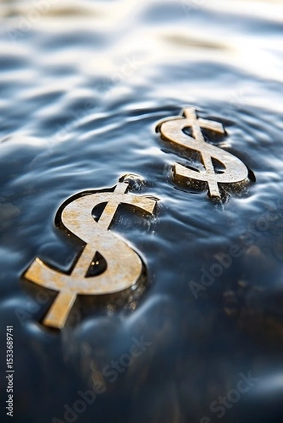 Obraz Dollar and Euro symbols sinking into water, market instability metaphor