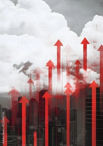 Obraz Cloudy skyline overlaid with red downward stock arrows