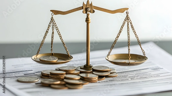 Fototapeta Visual metaphor of balancing scales with coins and tax forms