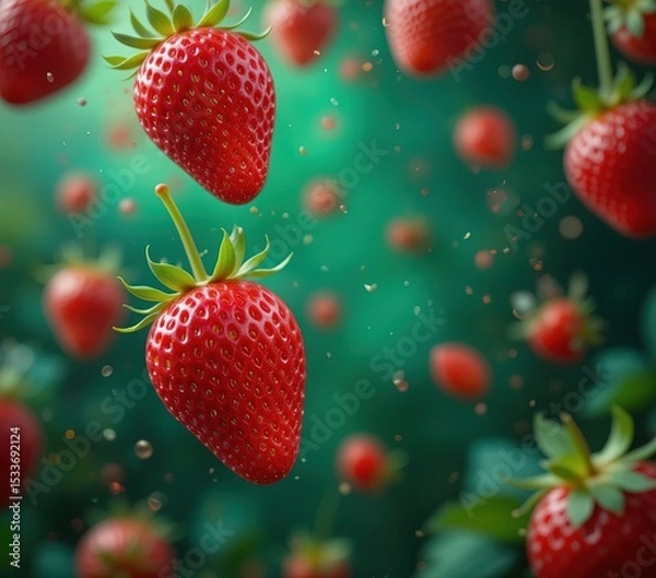 Fototapeta Red Strawberry Falling - 3D Realistic Background
