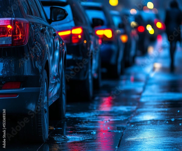 Fototapeta Evening street scene with parked cars and glowing taillights reflecting on a wet road, capturing an atmospheric urban moment with moody lighting and soft focus.
