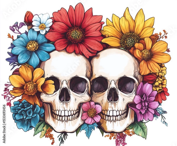 Fototapeta Two human skulls surrounded by vibrant, colorful flowers in a symmetrical, hand-drawn style. A bold fusion of life and death, perfect for Day of the Dead or gothic-themed art.