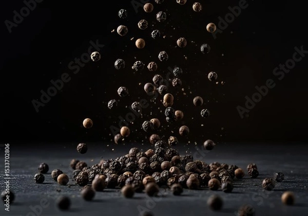 Obraz Falling black peppercorns against a dark background creating a dramatic and culinary image effect