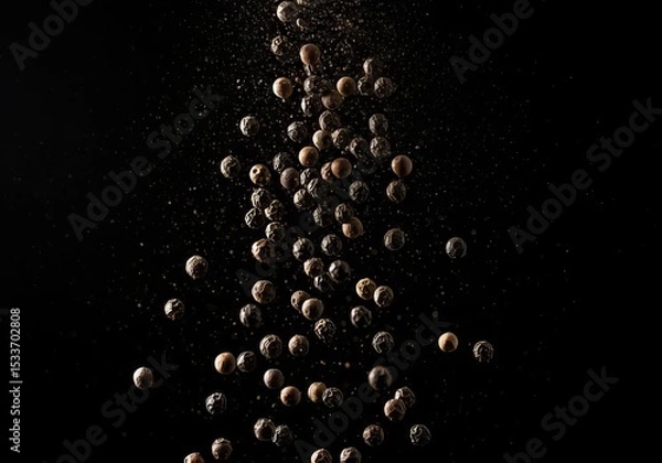 Obraz Scattering of whole black peppercorns suspended in air against a black studio backdrop image