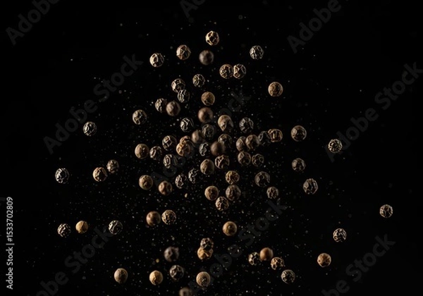 Obraz A scattering of dried black peppercorns against a stark black background in a studio shot style