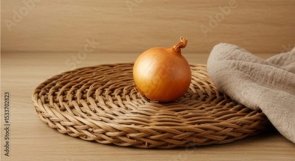 Obraz A single onion resting on a woven mat with a cloth on a wooden surface in a simple still life