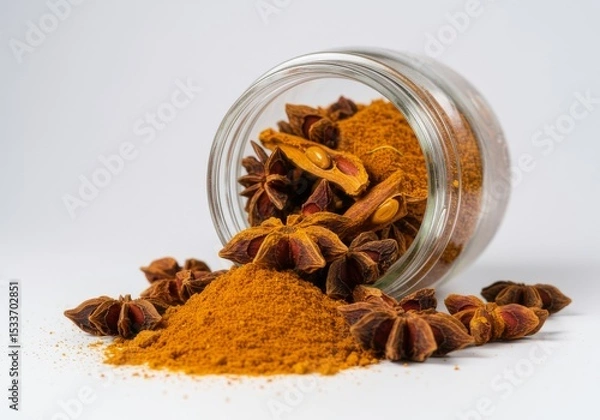 Obraz Star anise and turmeric powder spilling from a glass jar on a white surface in a studio shot