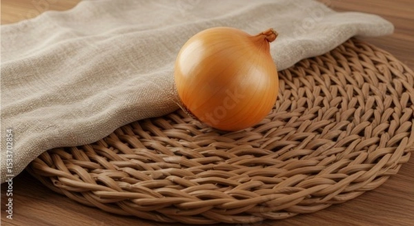 Obraz A single yellow onion resting on a woven placemat with a beige cloth draped beside it on wood surface