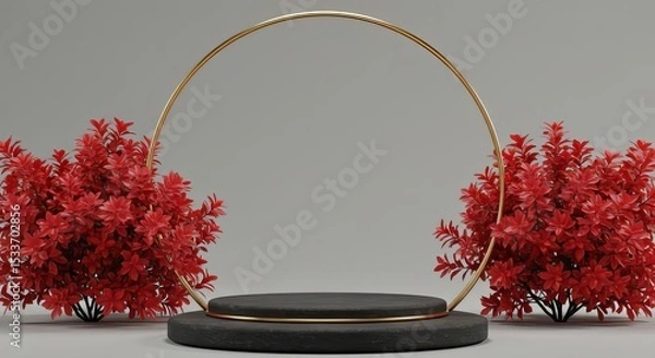 Obraz Black podium with golden ring and red foliage against a plain gray studio background display scene