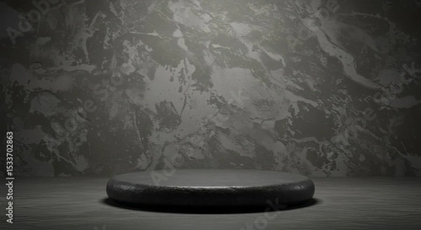 Obraz A dark gray stone platform against a marble textured wall illuminated by a soft spotlight effect