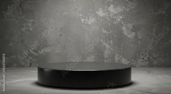 Obraz A black circular platform against a textured gray wall and floor backdrop in studio lighting