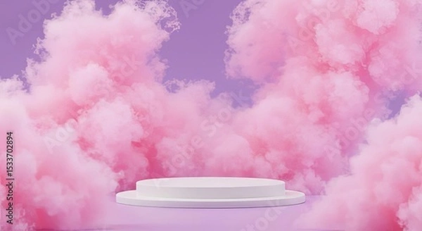 Obraz White podium surrounded by pink clouds on a purple background in a studio setting for product display