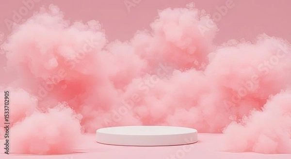 Obraz White podium in pink background with soft clouds for product presentation or advertisement scene 3d rendering