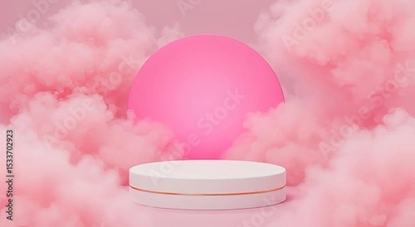 Obraz White podium with gold trim surrounded by pink clouds and a pink sphere in the background