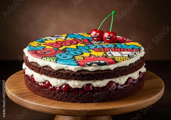 Obraz A chocolate layer cake with comic style decoration and cherries on a wooden serving stand cake