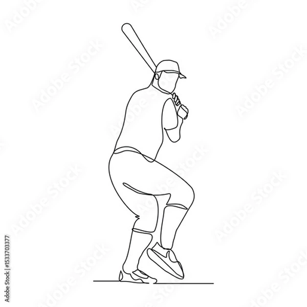 Fototapeta Continuous line drawing of male baseball professional player athlete holding baseball stick and wearing helmet and uniform. Vector illustration single line sketch editable stroke