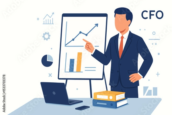 Obraz Flat vector CFO character pointing at chart during business meeting presentation with office elements