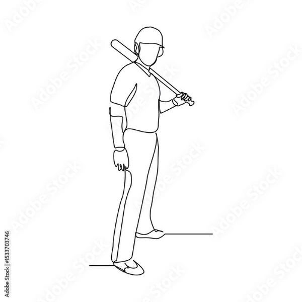 Fototapeta Continuous line drawing of male baseball professional player athlete holding baseball stick and wearing helmet and uniform. Vector illustration single line sketch editable stroke