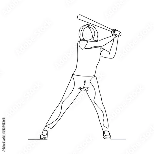 Fototapeta Continuous line drawing of female baseball professional player athlete holding baseball stick and wearing helmet and uniform. Vector illustration single line sketch editable stroke