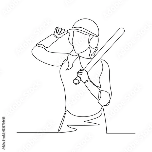 Fototapeta Continuous line drawing of female baseball professional player athlete holding baseball stick and wearing helmet and uniform. Vector illustration single line sketch editable stroke