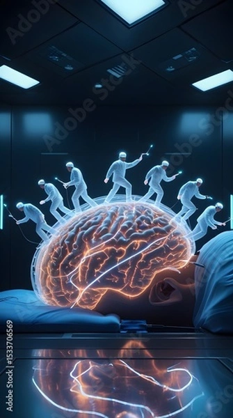 Fototapeta Tiny Doctors perform brain operation surgery ai generated 
